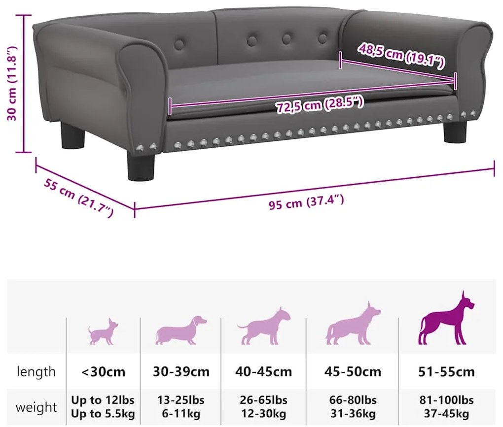 Cama para cães 95x55x30 cm couro artificial cinzento