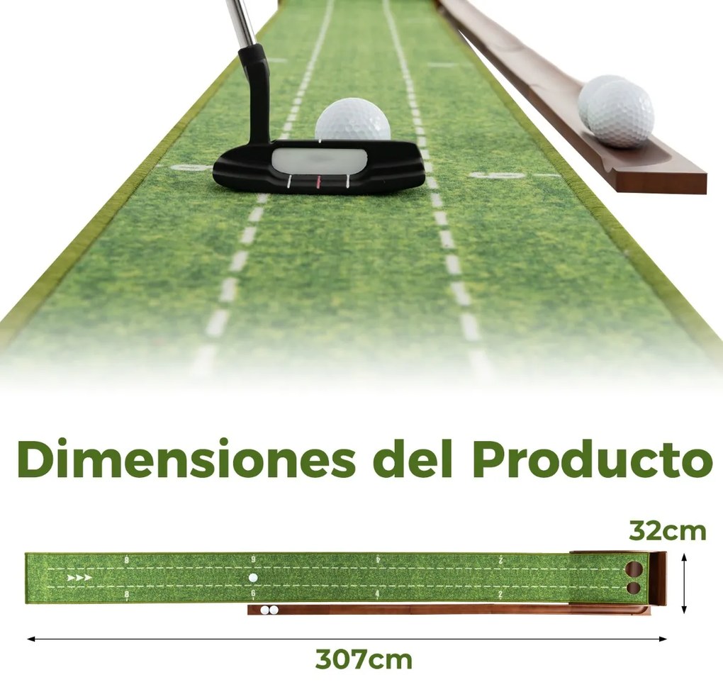 Tapete de golfe com 2 tamanhos de buracos Ajuda à prática com retorno automático da bola 302 x 32 x 32 x 15 cm