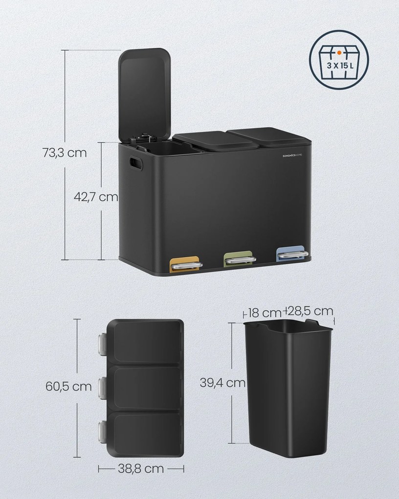 Caixote do lixo de cozinha com 3 compartimentos de 15 L Preto