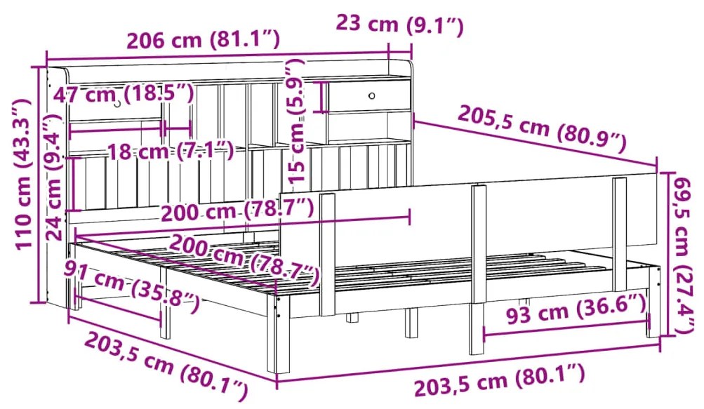 Cama com estante sem colchão 200x200 cm pinho maciço branco