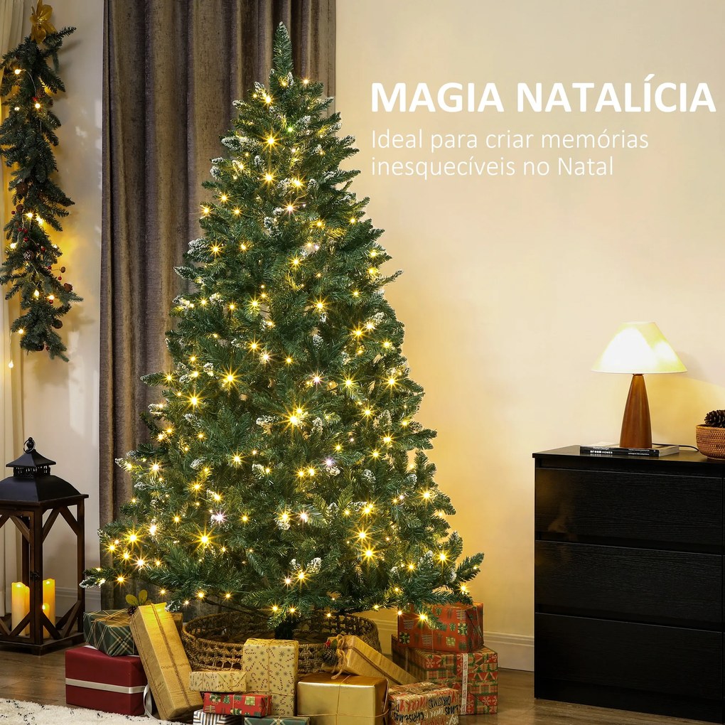 Árvore de Natal 210 cm com Luzes LED 9 Modos de Iluminação 1160 Ramos e Neve Artificial Verde