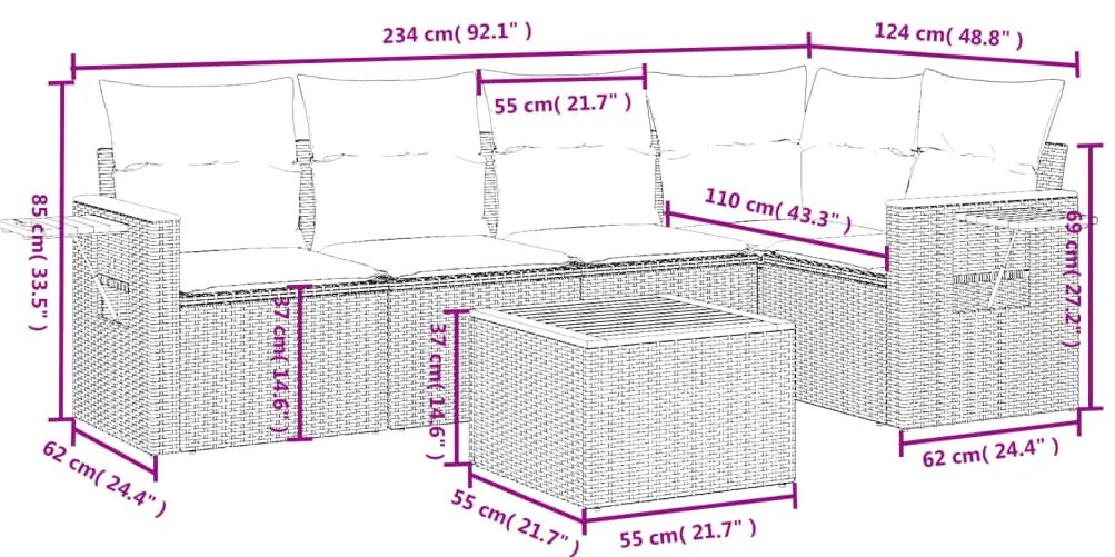 6 pcs conjunto sofás de jardim c/ almofadões vime PE preto