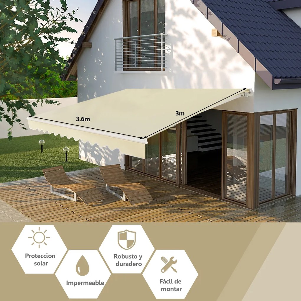Toldo retrátil 3,6 x 3 m em alumínio com manivela e poliéster impermeável para exterior Bege