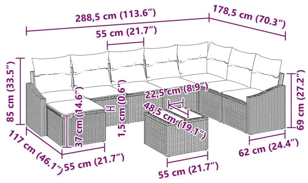 Conjunto de Sofá de Jardim 9 Peças com Almofadas em Rattan Poliéster C