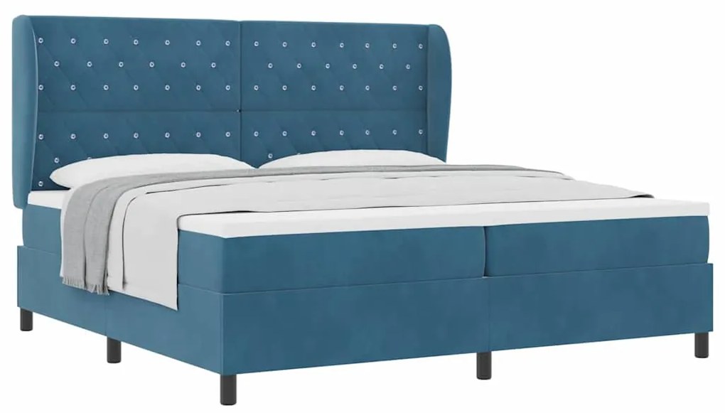 Cama Box com Colchão Azul Escuro 200x200 cm em Veludo