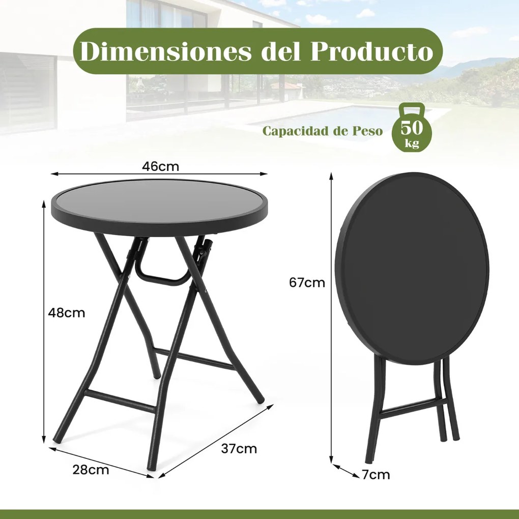 Mesa jardim redonda dobrável de 46 cm compacta com tampo de vidro temperado e estrutura metálica preta
