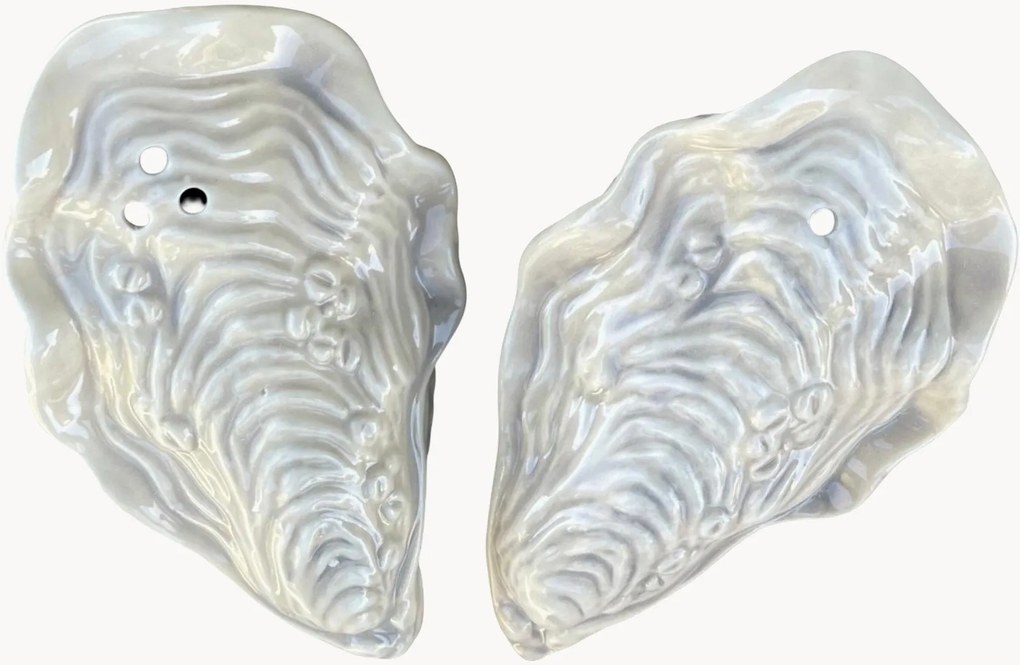 Saleiro e pimenteiro artesanal com forma de ostra Napoli, conjunto de 2