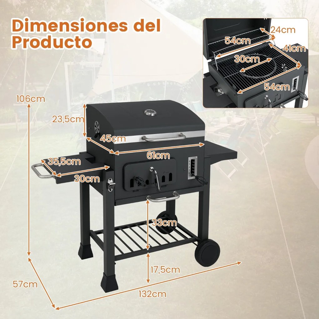 Churrasqueira XXL portátil com tampa e 2 mesas laterais dobráveis, 3 ganchos 2 rodas e abridor de garrafas 132 x 57 x 106 cm preto