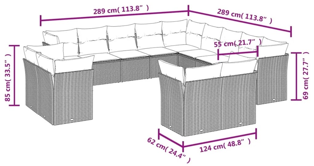 13 pcs conjunto sofás p/ jardim c/ almofadões vime PE castanho