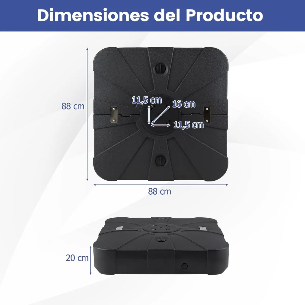 Base para guarda-sol de exterior com rodas 88 x 88 cm, de alta resistência, enchimento com água ou areia, portátil, para terraço, jardim ou piscina, P