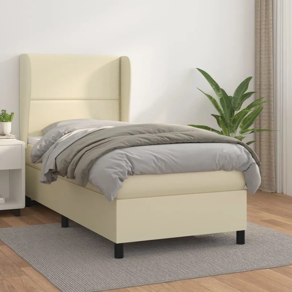vidaXL Cama com molas/colchão 90x190 cm couro artificial cor creme
