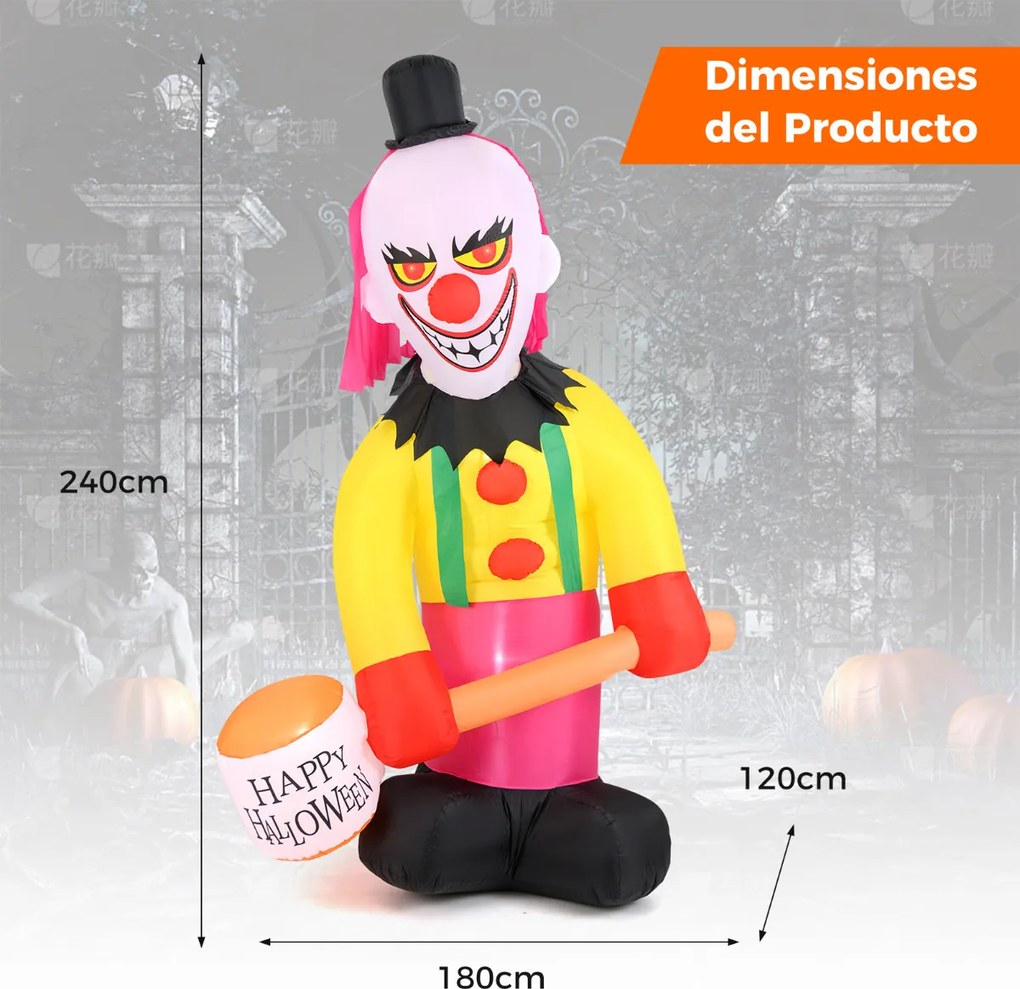 Palhaço Insuflável de Halloween, 180 x 240 cm, Cabeça Rotativa e Iluminação LED, Multicolor