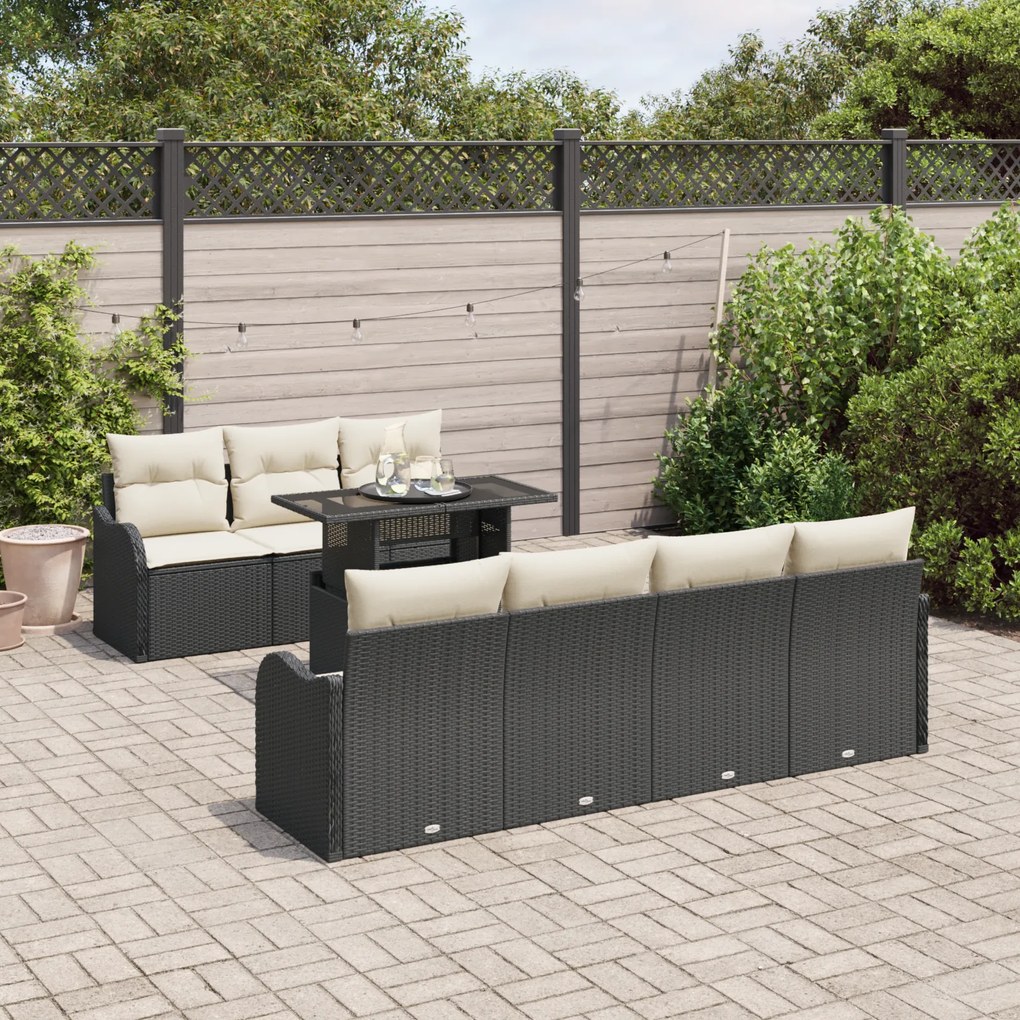 Conjunto de Sofá de Jardim de 8 Peças com Almofadas Preto Rattan Poli,