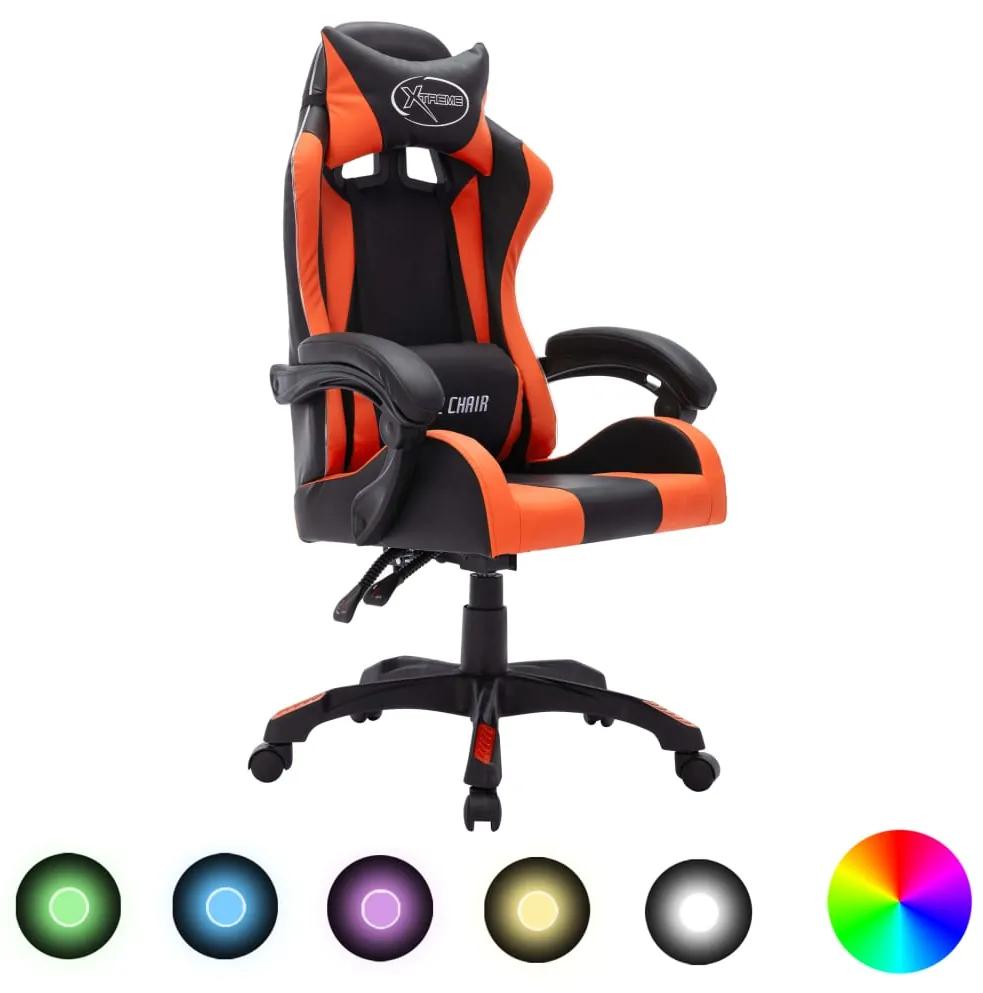 Cadeira estilo corrida luzes LED RGB couro artif. laranja/preto