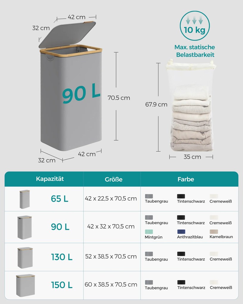 Cesto para roupa suja com tampa, 90 L 42 x 32 x 70,5 cm cinzento
