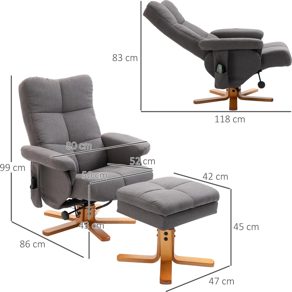 Poltrona Relax Reclinável com Apoio para os Pés 10 Pontos de Massagem Giratória Comando Remoto Bolso Lateral Cinzento Escuro