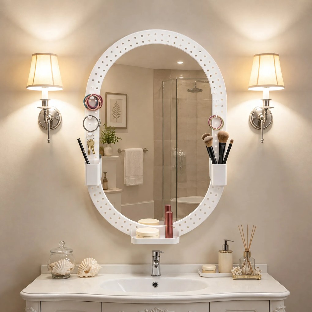 Espelho de Parede Decorativo com Painel Perfurado 90x60 cm para Sala e Quarto Branco