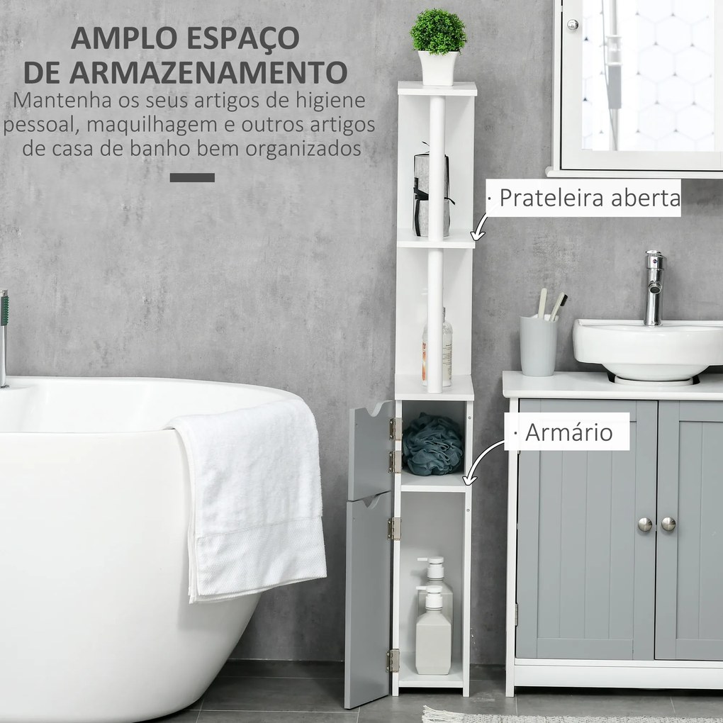 Coluna Casa de Banho com 2 Portas e 2 Prateleiras Abertas Estilo Moderno 15,2x29,8x118cm Branco e Cinza