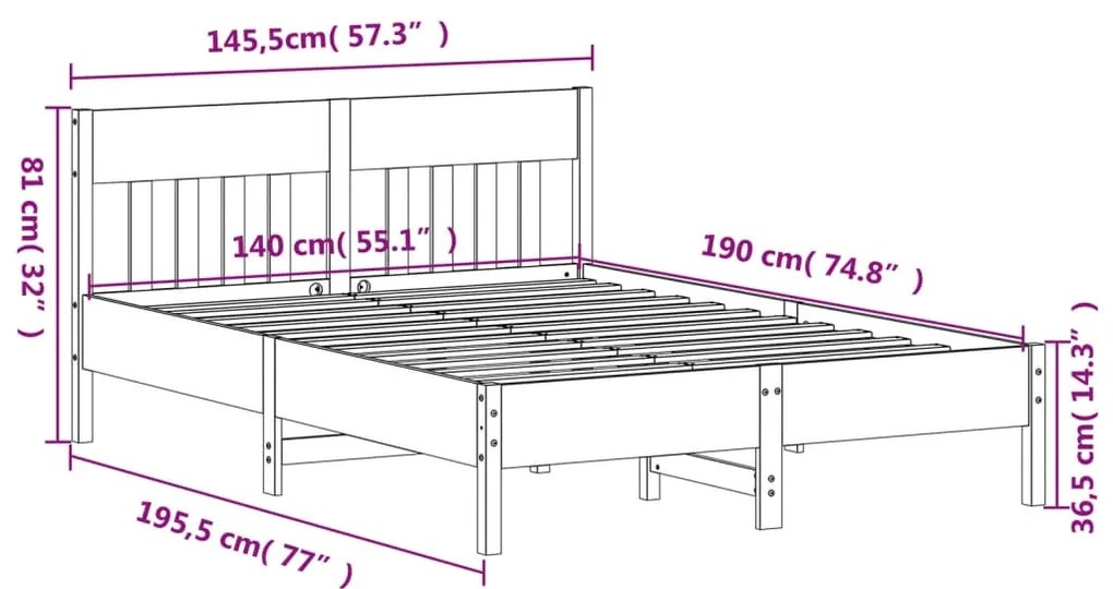 Estrutura cama c/ cabeceira 140x190cm pinho maciço castanho-mel