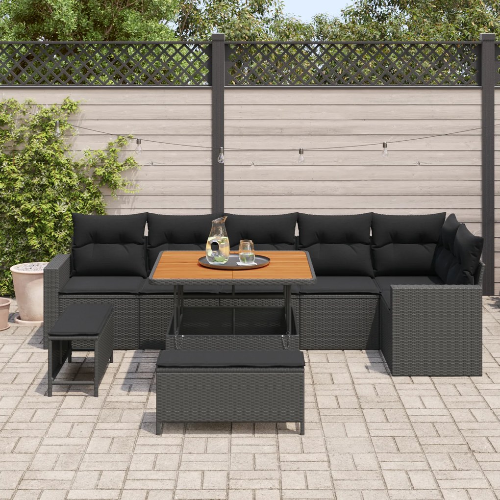 Conjunto de Sofá de Jardim 9 Peças com Almofadas Preto Rattan Poliéste