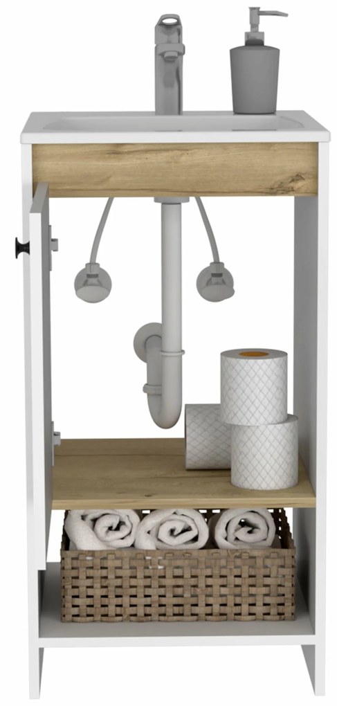 Móvel de casa de banho com lavatório malaga, com compartimento com porta prateleiras resistentes, 85 cm a x 45 cm e x 45 cm P, branco/duna