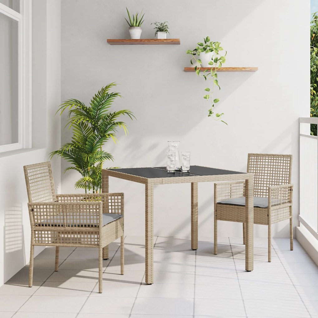 vidaXL Conjunto de Jantar de Jardim em 3 Peças com Almofadas Bege em Rattan Sintético