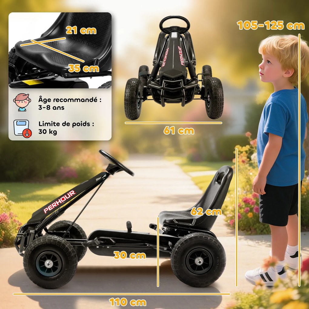 Kart a pedais para crianças com assento ajustável, pneus de EVA, embraiagem manual e travão, 110 x 61 x 62 cm, preto