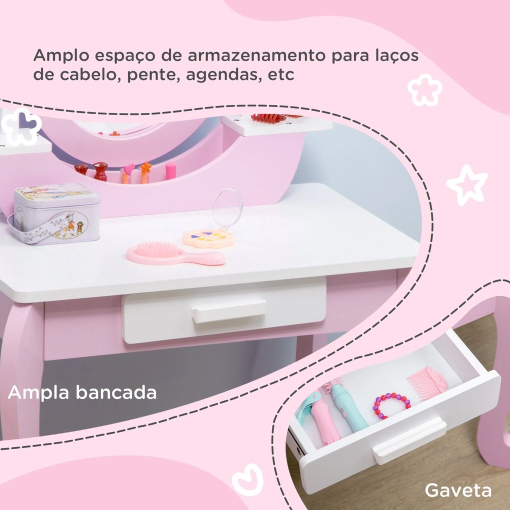 ZONEKIZ Toucador Infantil com Banco e Espelho Toucador Infantil de Mad