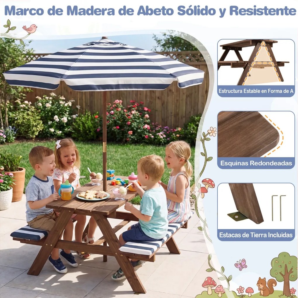 Conjunto de mesa de piquenique para crianças com 2 bancos de madeira, guarda-sol dobrável e ajustável, almofadas para uso interior e exterior, azul-ma
