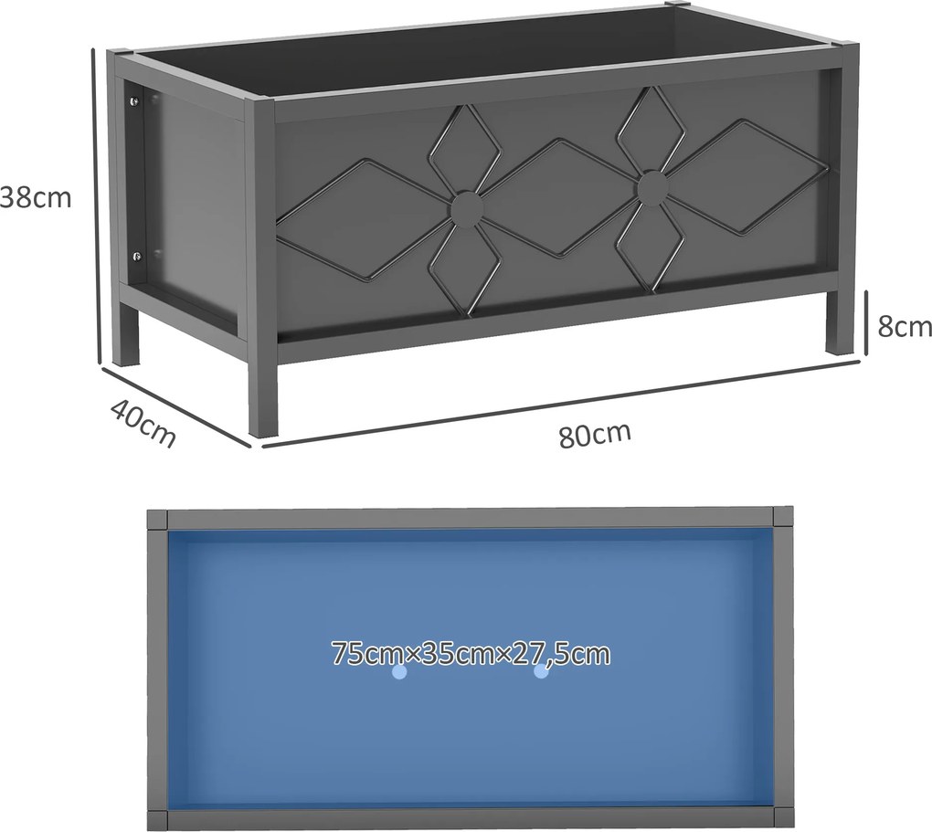 Floreira para exterior, elevada, galvanizada, com rebordo de segurança, retangular, 80 x 40 x 38 cm, preta