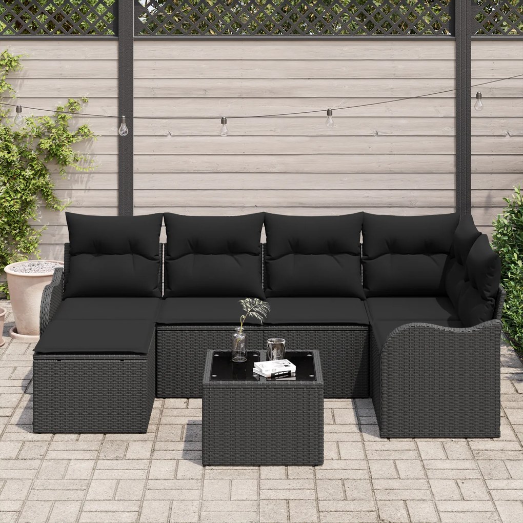 Conjunto de Sofá para Jardim de 7 Peças com Almofadas Vime Poly Beige