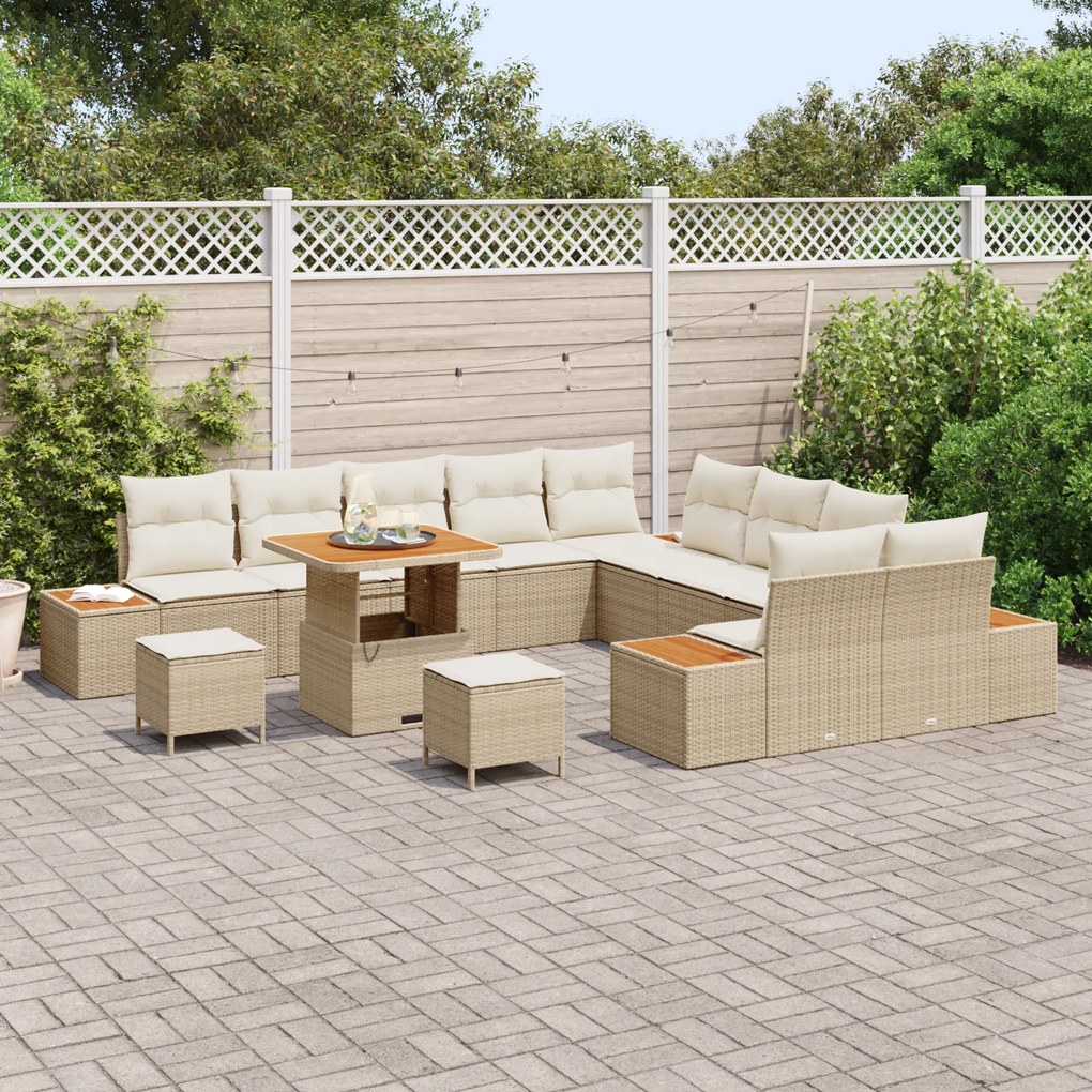 Conjunto de Sofá de Jardim de 13 Peças com Almofadas Bege Rattan Polié