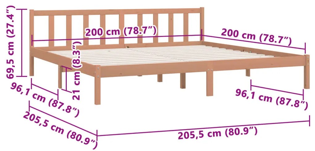 Estrutura de Cama Jane em Madeira de Pinho - 200x200 cm - Castanho Mel