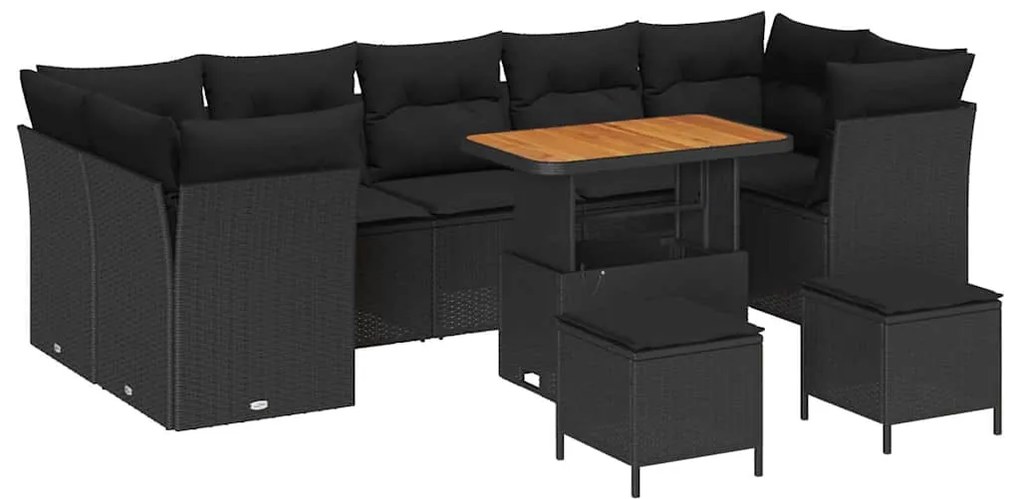 Conjunto de Sofá de Jardim vidaXL 10 Peças com Almofadas Preto Polyrat