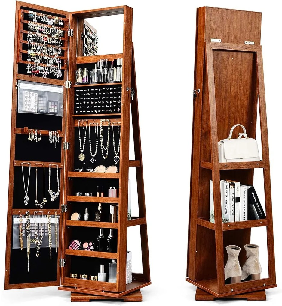 Armário para joias 39×39×161cm com espelho corpo inteiro para joias com prateleiras com fechadura giratória de 360° Castanho