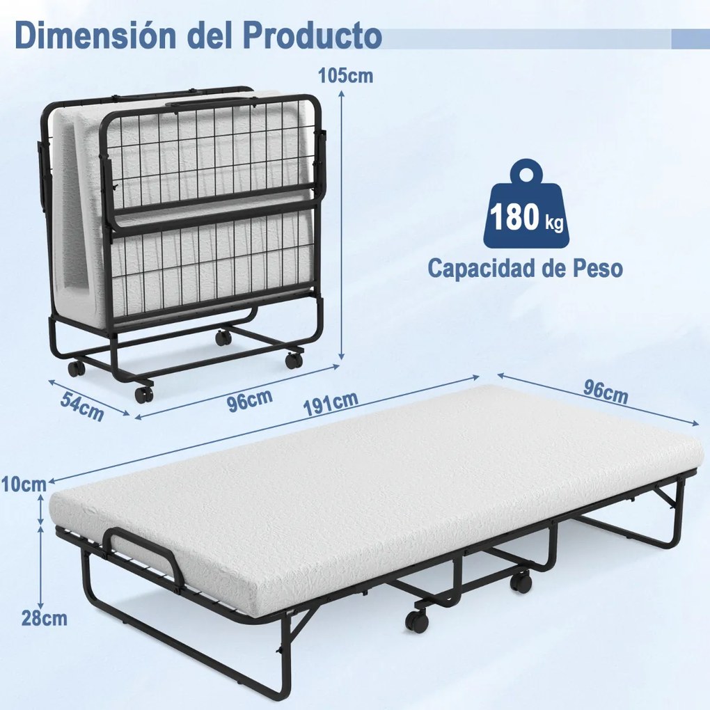 Cama dobrável com colchão de espuma viscoelástica Cama de hóspedes portátil com estrutura metálica para adultos Escritório em casa 191 x 96 x 28 cm
