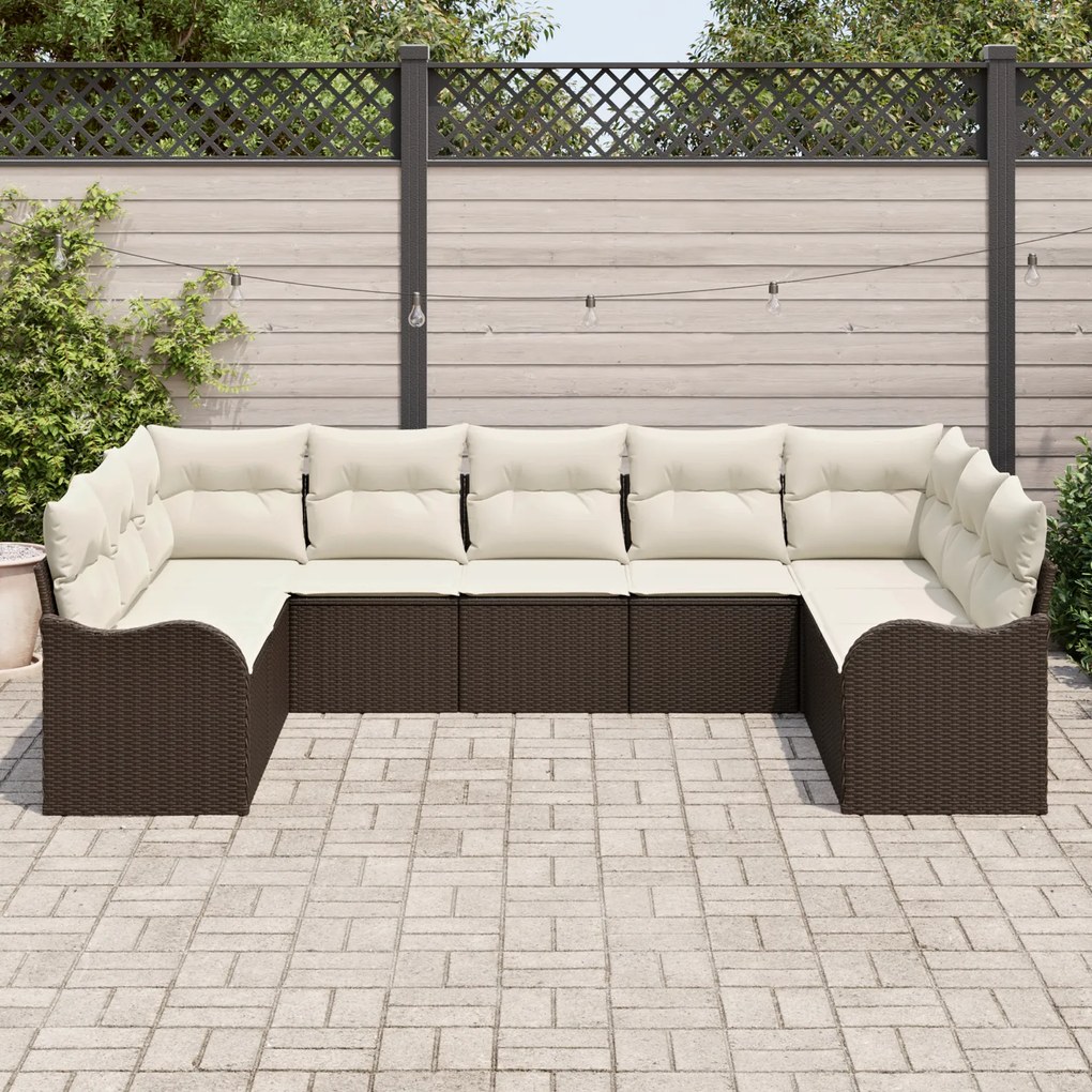 Conjunto de Sofá de Jardim vidaXL 9 Peças com Almofadas Castanho Ratta