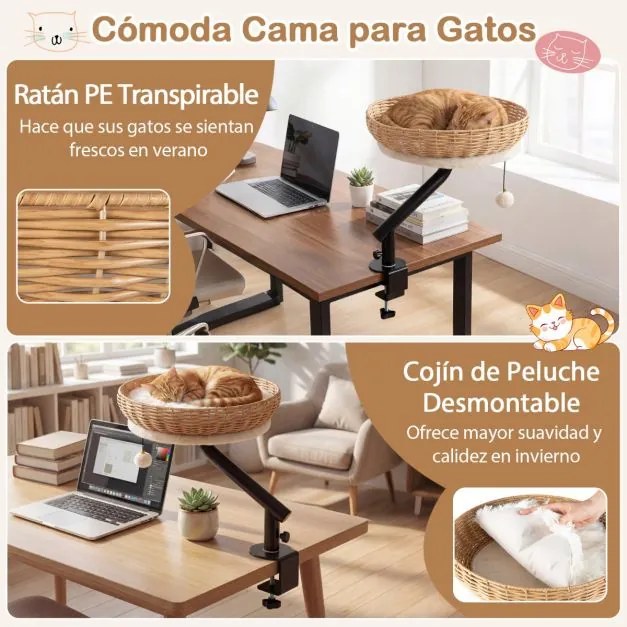 Cama-rede para gatos giratória de 360° para gatos 40,5 x 49,5 cm, em rattan, com almofada removível e bola suspensa, para secretária, escritório ou ca