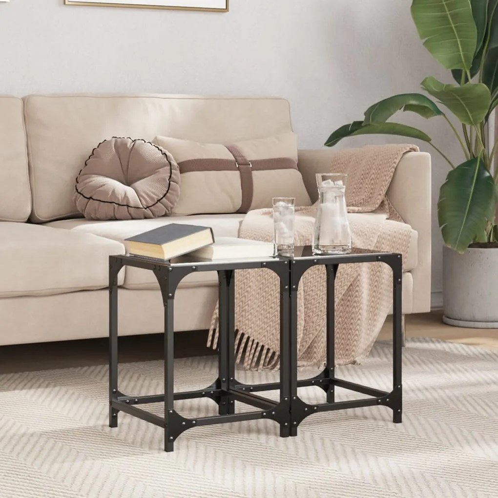 Mesas de centro c/ topo em vidro preto 2 pcs 30x30x40 cm aço