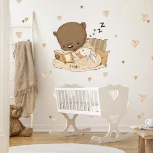 Autocolante de parede - Urso de peluche Boho com coelhinho a dormir e corações