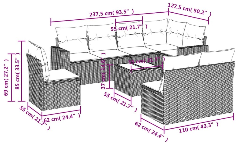 9 pcs conjunto de sofás p/ jardim com almofadões vime PE bege