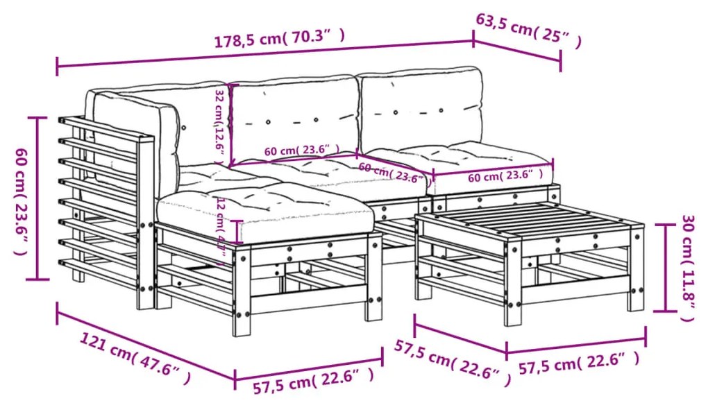 5 pcs conjunto lounge jardim com almofadões madeira maciça