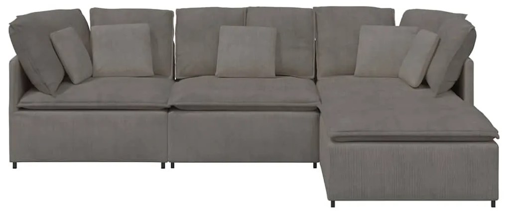 Sofá modular c/ pufes almofadas tecido corduroy cinzento-claro