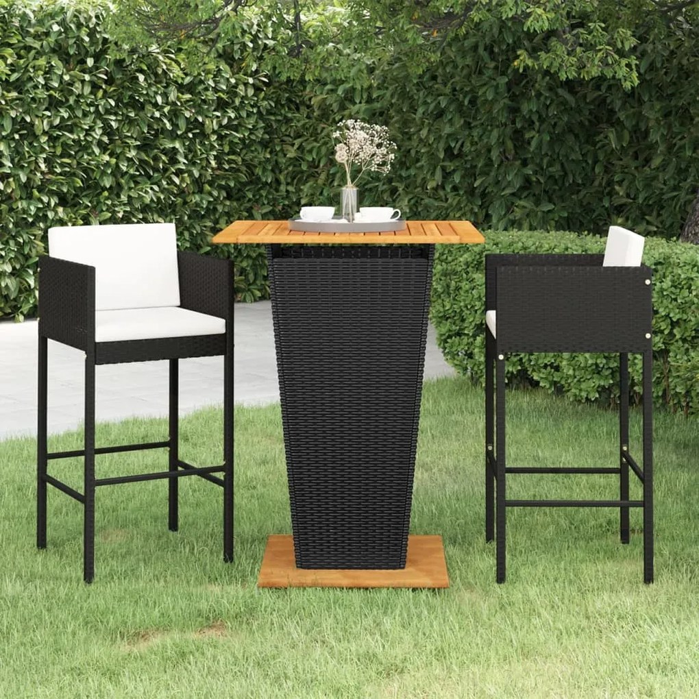 3 pcs conjunto de bar para jardim com almofadões vime PE preto