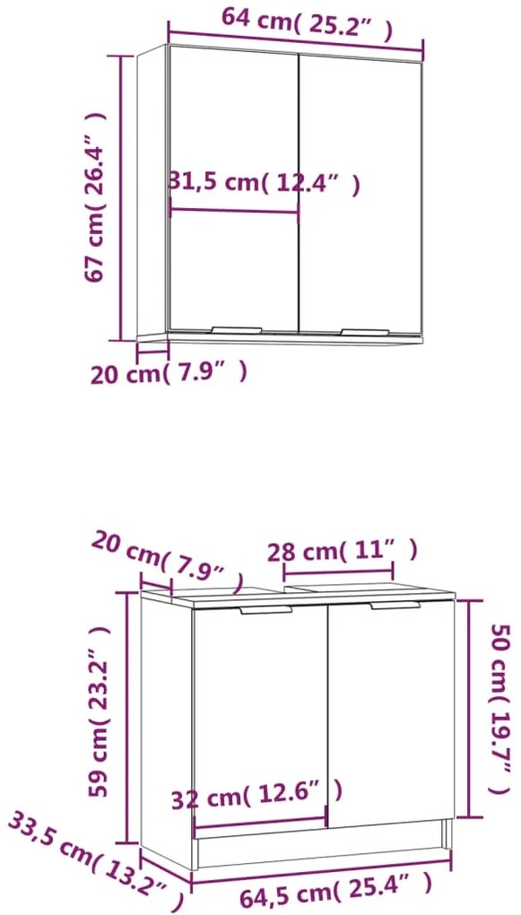 Conj. de armários casa de banho 2pcs madeira processada branco