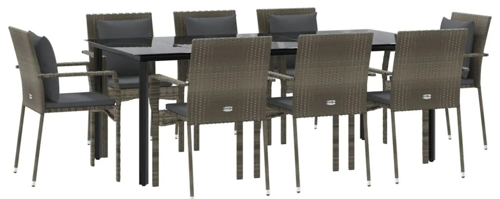 9 pcs conjunto jantar jardim c/ almofadões vime PE preto/cinza