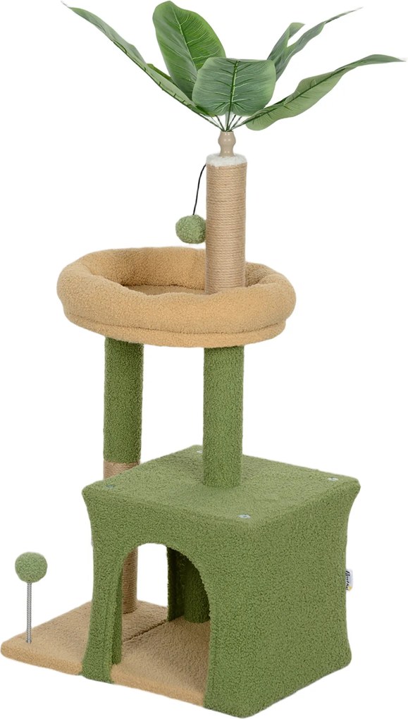 Arranhador para gatos 44 x 30 x 98 cm torre de brincadeiras com compartimentos abertos, cama, arranhadores, bolas e folhas artificiais verde