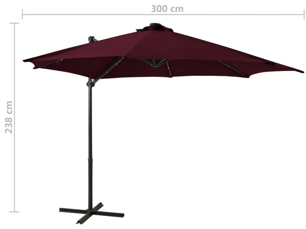 Guarda-sol jardim cantilever c/ poste e luzes LED 300 cm bordô