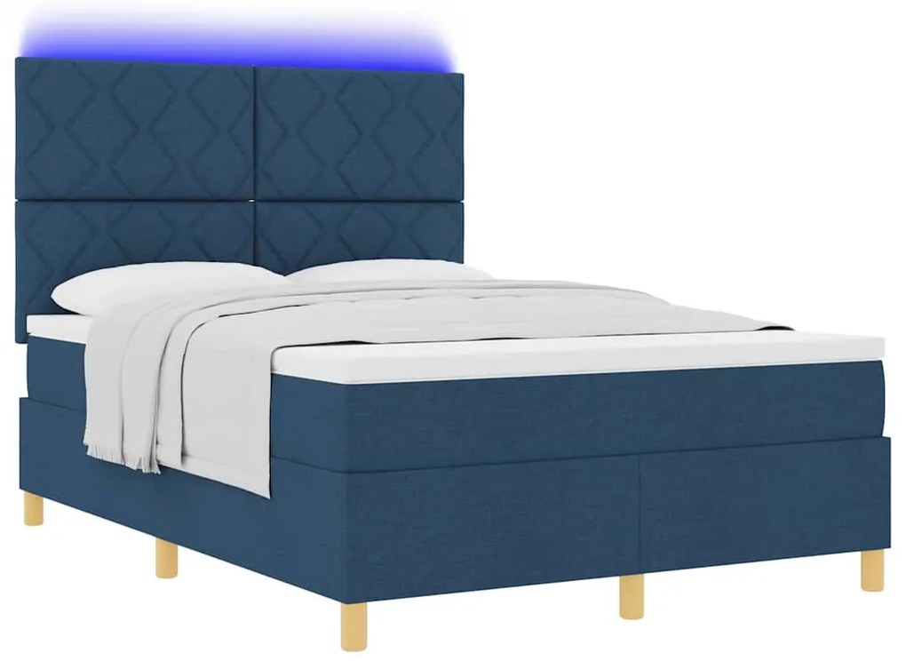 Cama Box Spring com Colchão e Luz LED Azul 140x190 cm Tecido