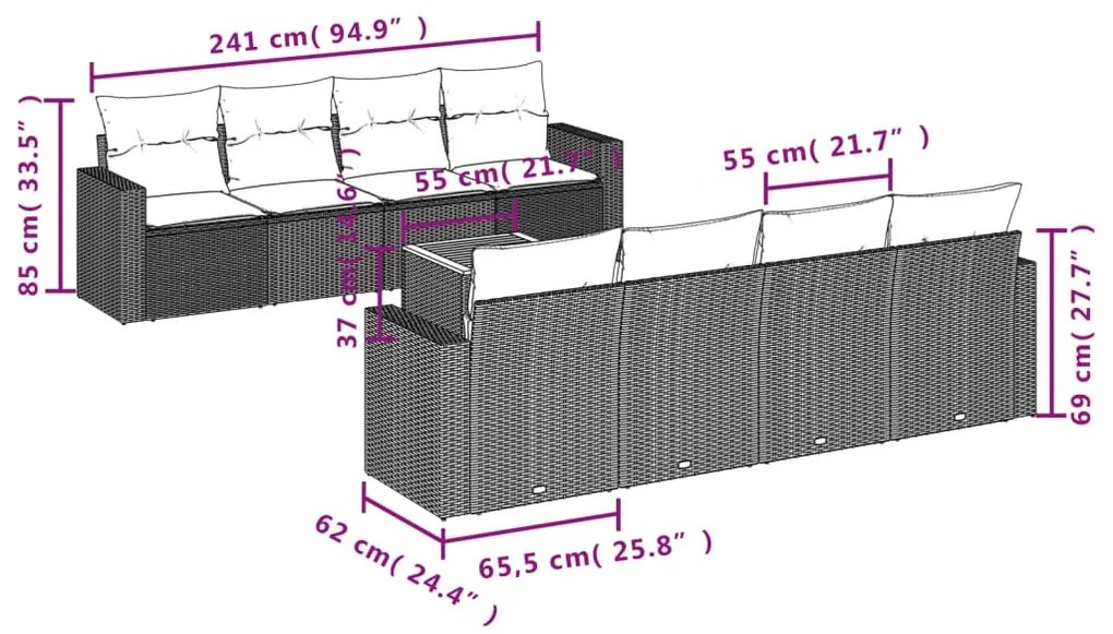 9 pcs conjunto de sofás p/ jardim com almofadões vime PE bege